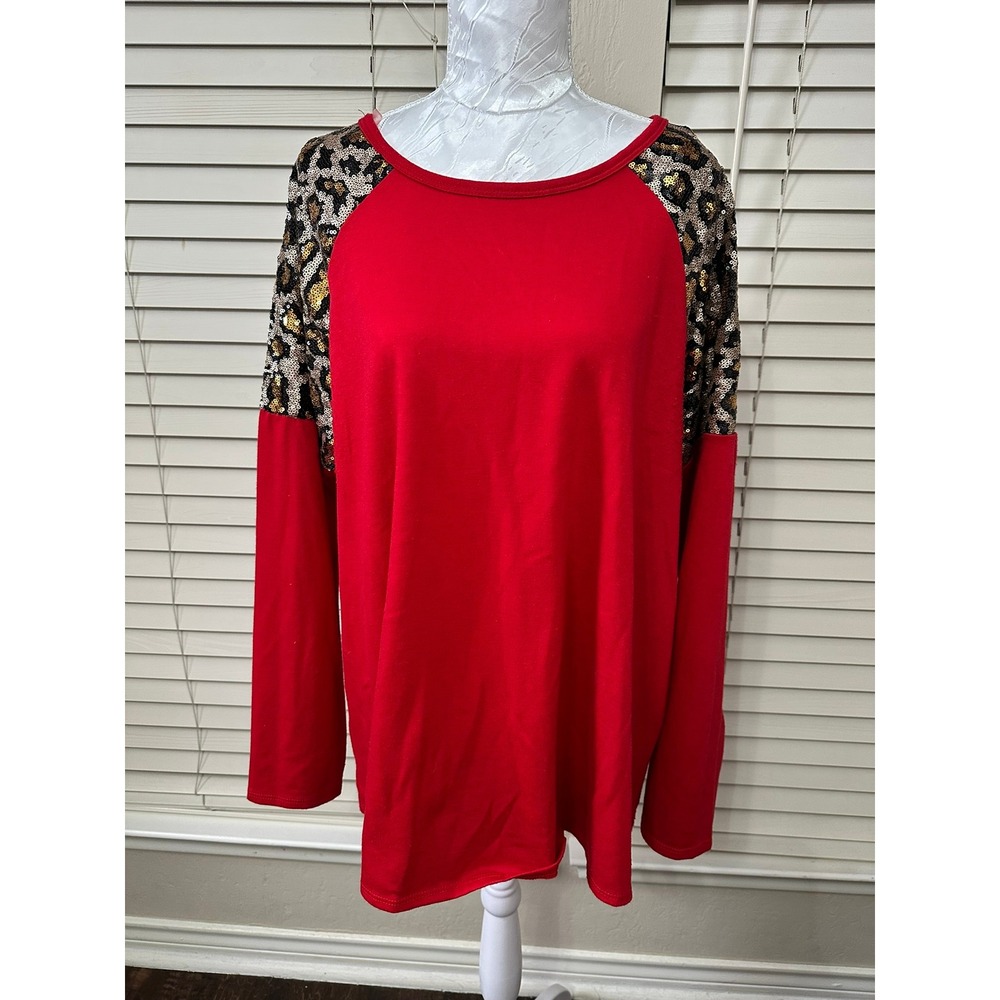 Lilypad Sequin Leopard Raglan Top Women Large Red Long Sleeve Animal Print Shirt